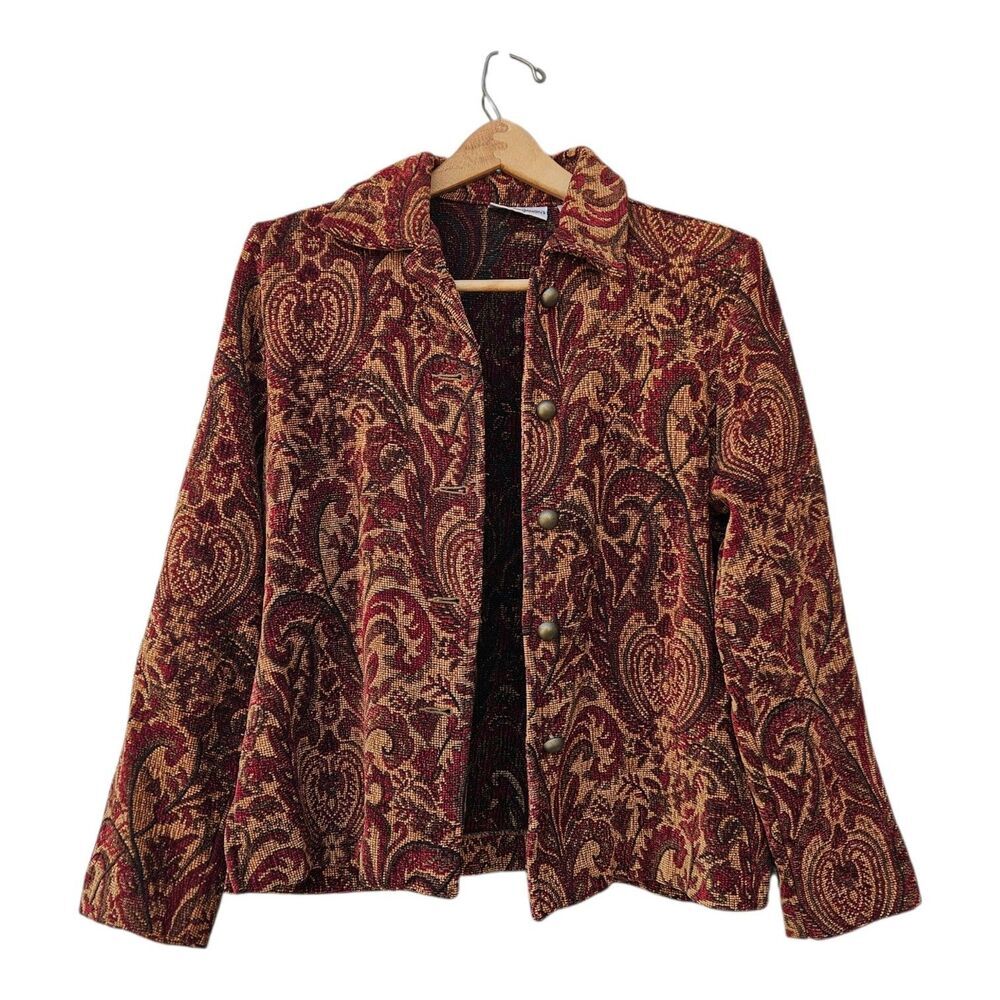 Vtg Women’s Size M Tapestry Blazer Jacket Red Brown Paisley Boho Artsy Boxy Fit